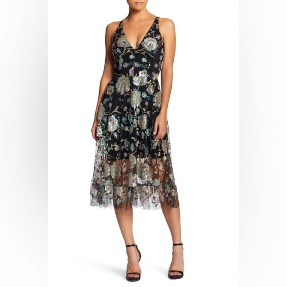 Dress The population Sequin Embroidered Floral Midi Black Dress S - Picture 2 of 10
